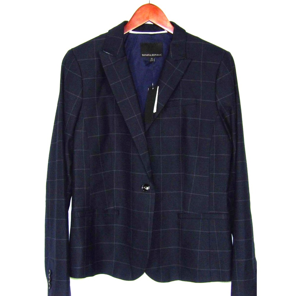 NEW! Banana Republic 1 Button Navy Blue Check Office Blazer Women's 12 NWT!